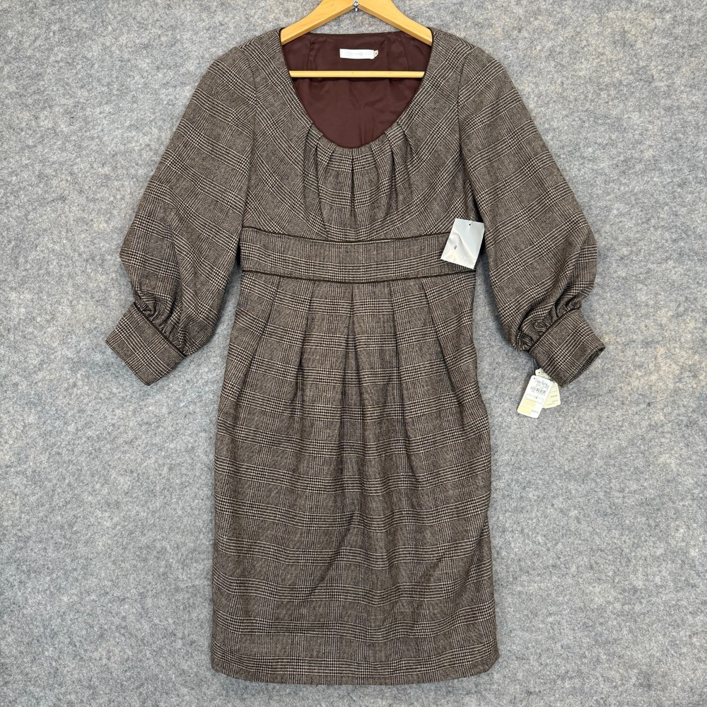 Badgley Mischka 100% Wool‎ Sheath Dress Womens 4 Babydoll Houndstooth Holiday